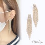 デザインピアス ラインストーン付き チェーンタッセル 14×94mm ゴールド（1ペア）