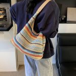 ニットバッグ ショルダーバッグ 大容量 ニット手提げ レディース 編みバッグ 軽量 サマーニット 通勤 通学 ニット 手提げ 編み込み ビーチバッグ（1ヶ）