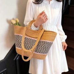 トートバッグ レディース 大容量 ショルダーバッグ 編みバッグ ファスナー付き 通勤 旅行 ビーチ お洒落 リゾート風 収納力抜群（1ヶ）