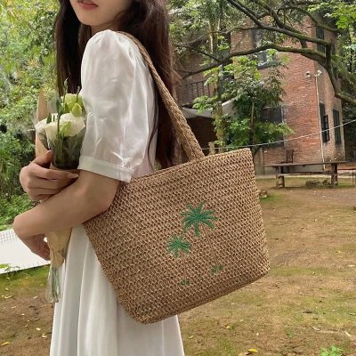 草編トートバッグ レディース 2way 草編バッグ ファスナー付き 通勤旅行 自然な素材 春夏のお洒落（1ヶ）
