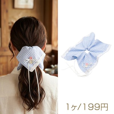 シュシュ ブルー カントリー風 スカーフリボン チェック模様 髪飾り 髪留め ヘアゴム ヘアアクセサリー（1ヶ）