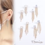デザインピアス ガラスラインストーン付き チェーンタッセル ゴールド