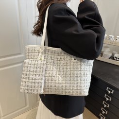 トートバッグ レディース 大容量トート 毛呢素材 小香風デザイン 通勤 通学 買い物 ショートトリップ 2way 子母バッグ 秋冬 新作 高級感 お洒落 プレゼント（1ヶ）