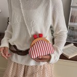 シェルバッグ レディース 2way シェルバッグ ナイロン マグネット 通勤 お洒落 フレンチ パールチェーン レトロストライプ（1ヶ）