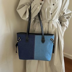 トートバッグ レディース 2wayトートバッグ デニム&高級ミックス素材 大容量 通勤 旅行 ファッションで使いやすい（1ヶ）