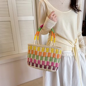 手提げバッグ レディース かごバッグ 草編み ピクニック 旅行 お洒落 可愛い シンプル（1ヶ）