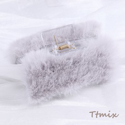 ラビットファー付きバンスクリップ ヘアアクセサリー 4.4×8.7cm グレー（1ヶ）