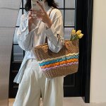 ニットバッグ ショルダーバッグ 大容量 ニット手提げ レディース 編みバッグ 軽量 サマーニット 通勤 通学 ニット 手提げ 編み込み バッグ（1ヶ）