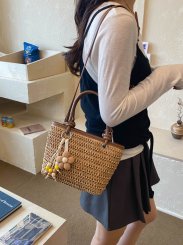 草編みバッグ レディース バケツバッグ 竹節編み 通勤 お出かけ 夏のお洒落 おしゃれ（1ヶ）