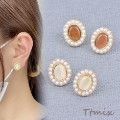 デザインピアス パール付きオーバルピアス 12×14mm ゴールド（1ペア）
