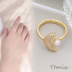 高品質ジルコニアリング デザインリング 指輪 魚の尾 パール付き 幅約13mm ゴールド（1ヶ）