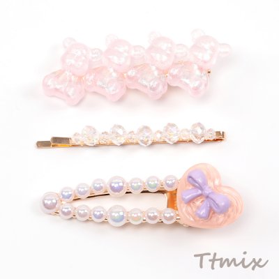 へアピン ハート くまモチーフ 樹脂へアピン キッズへアピン ヘアクリップ ピンク（3個セット）