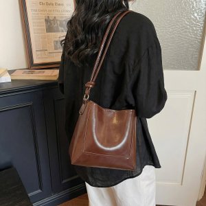 バケツバッグ レディース 2way バケツバッグ 大容量 PU 通勤 通学 旅行 シンプルおしゃれ レトロ（1ヶ）