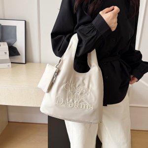 レディースバッグ 働く女性向け 2way通勤バッグ 大容量 ナイロン製 刺繍入り ins風韓国スタイル 通勤 街歩き お出かけ お洒落 コーデに合わせやすい（1ヶ）